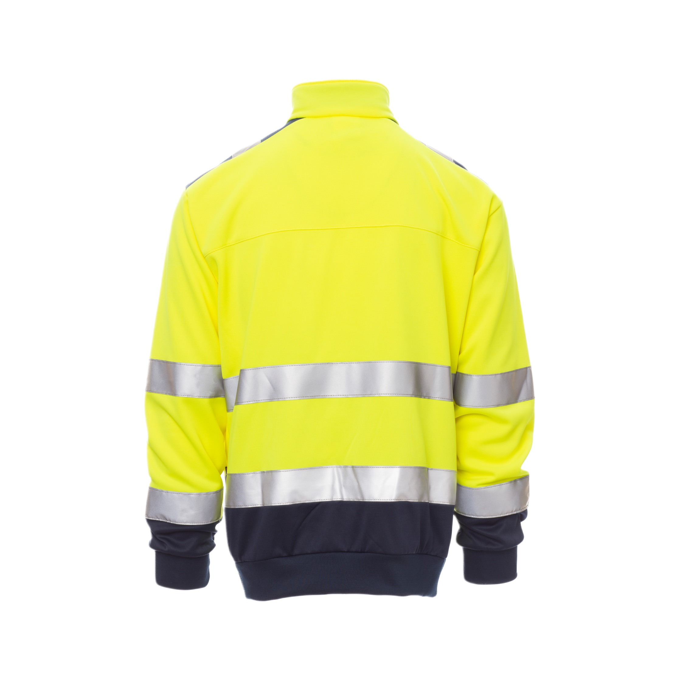 Rückenansicht: gelber Warnschutz-Pullover mit Reflexstreifen und dunklem Saum, hohe Sichtbarkeit bei Arbeit im Freien.