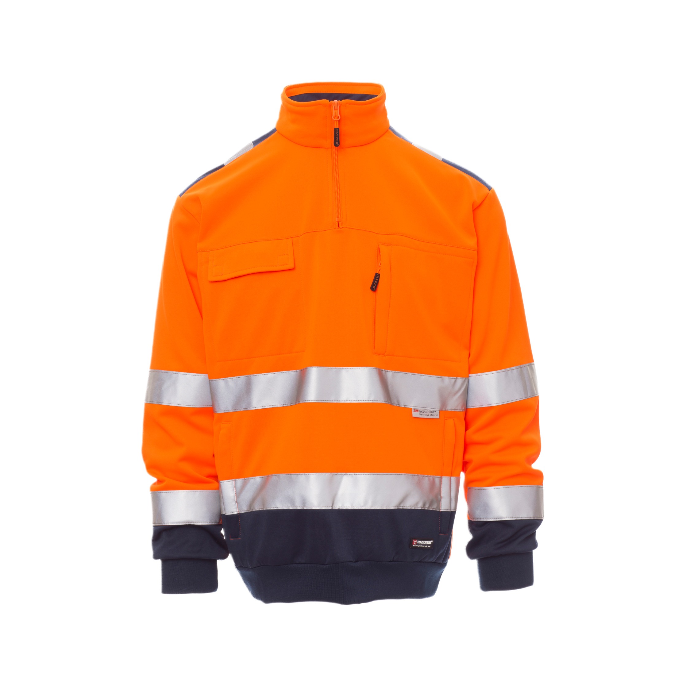 Vorderansicht: orange Warnschutz-Pullover mit Stehkragen, kurzem Reißverschluss und Reflexbändern, robuste Arbeitskleidung.