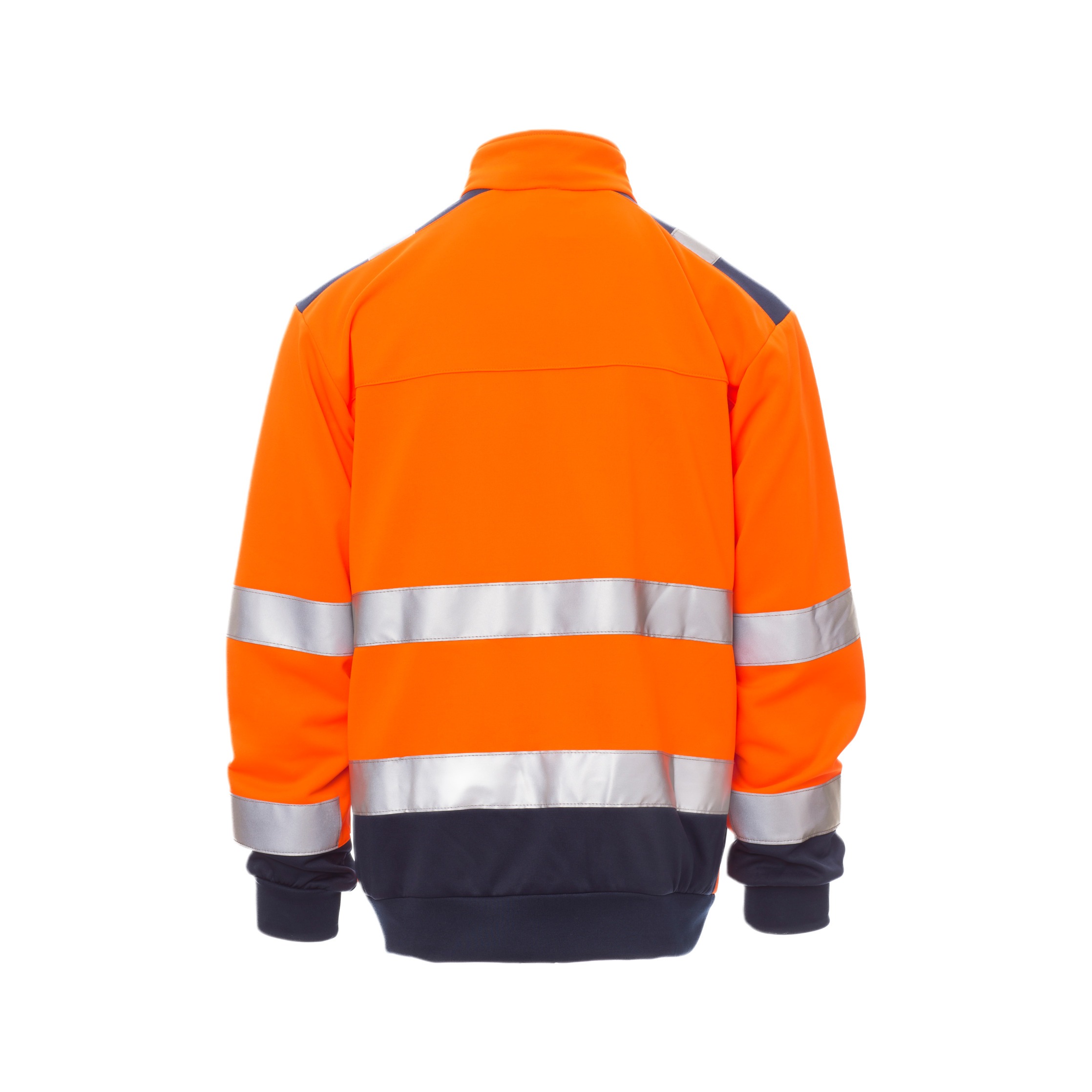 Rückenansicht: orange Warnschutz-Sweatshirt mit breiten Reflexstreifen und dunkelblauem Saum, ideal für Baustelle und Straßenbau.