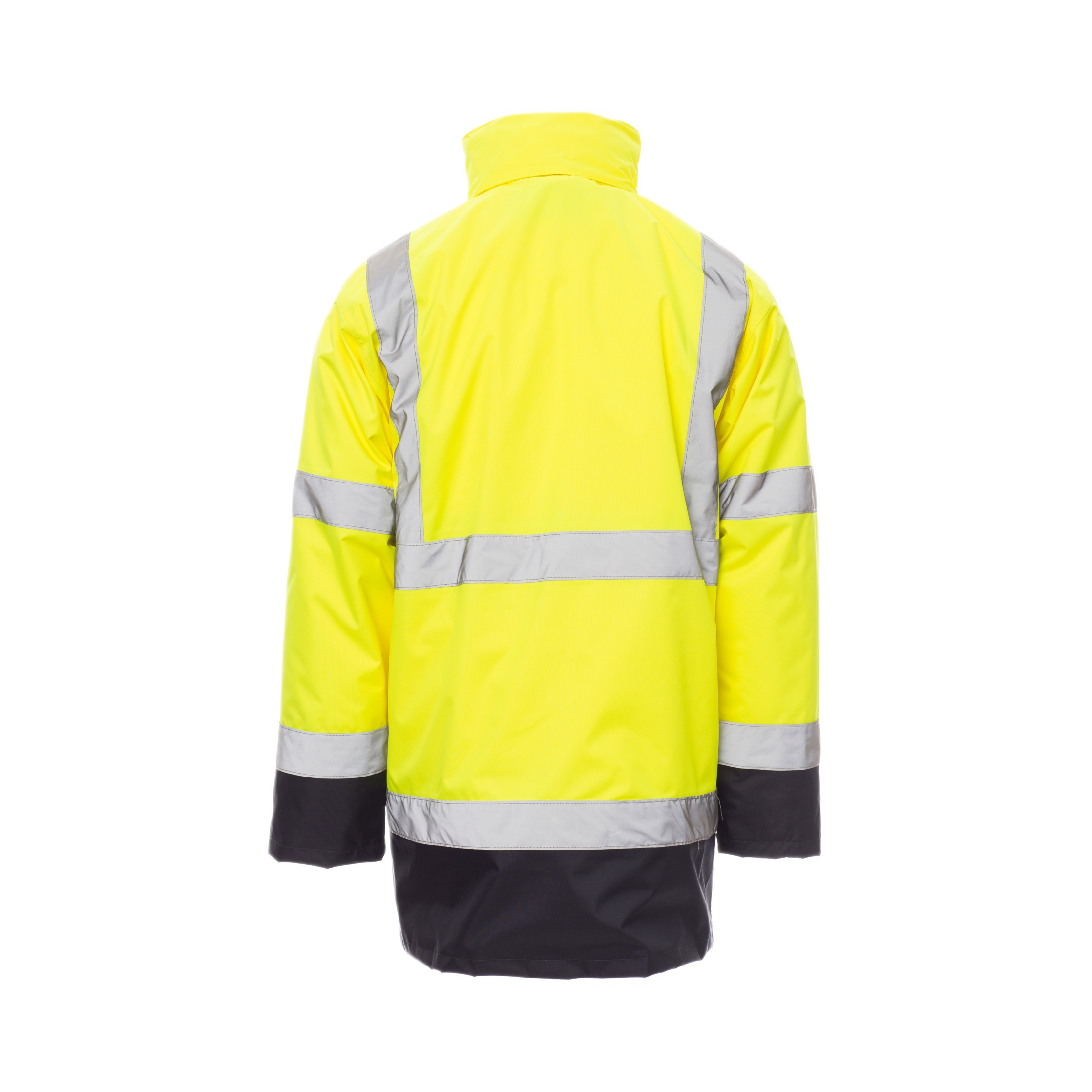 Rückenansicht gelb/navy Warnschutzparka mit Reflexstreifen und hohem Kragen