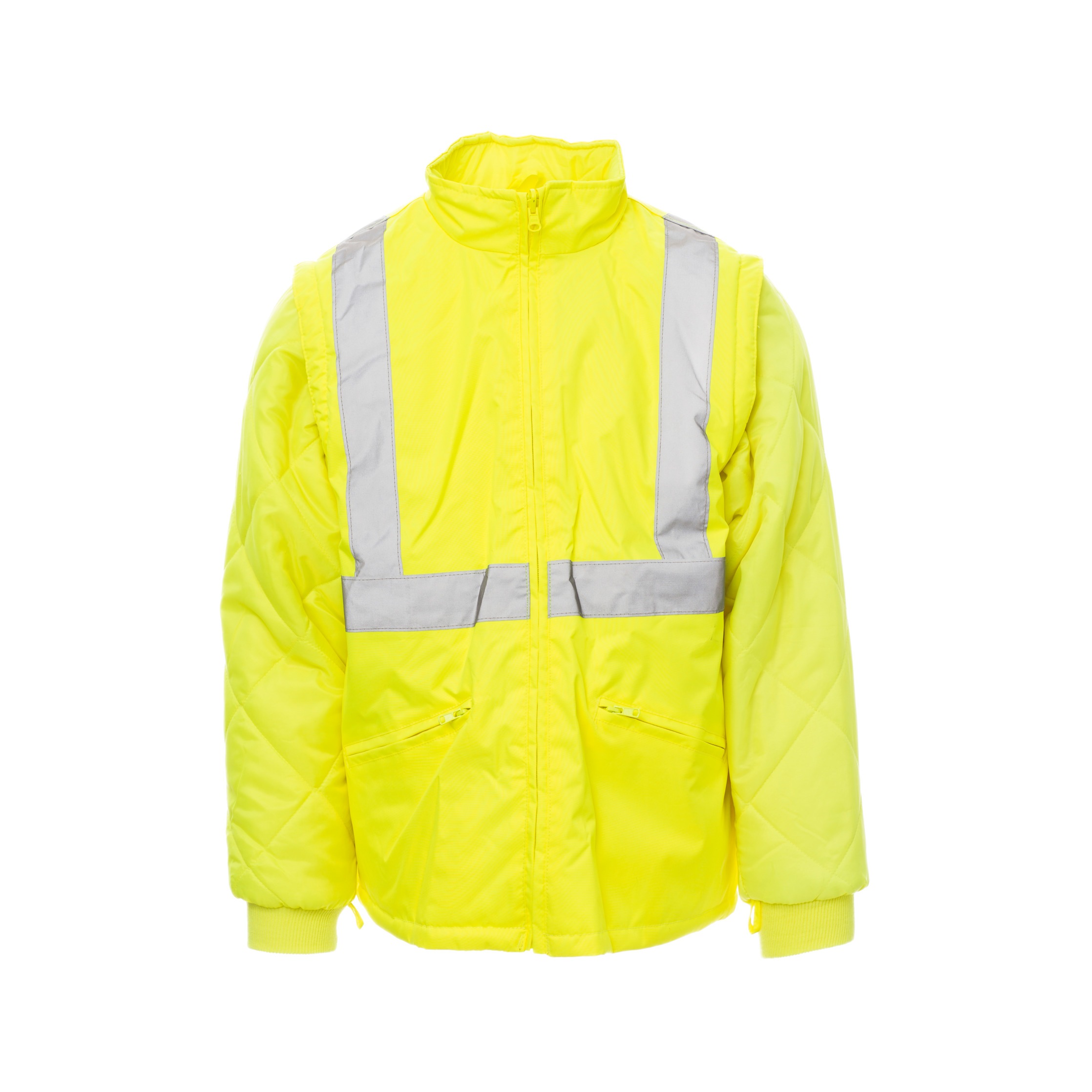 Gelbe Warnschutz-Steppjacke mit breiten Reflexbändern, angenehm warm – Ansicht von vorn