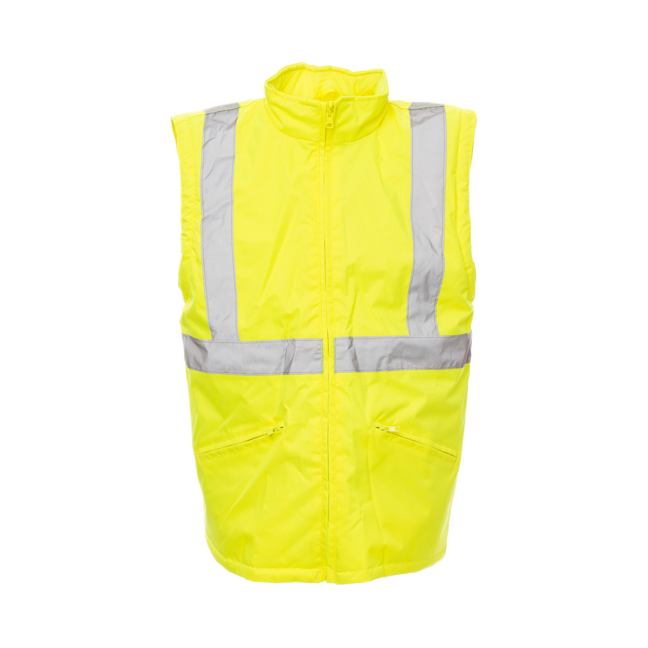 Gelbe Warnschutz-Winterweste, lang, mit Reflexstreifen und Steppärmeln – Vorderseite