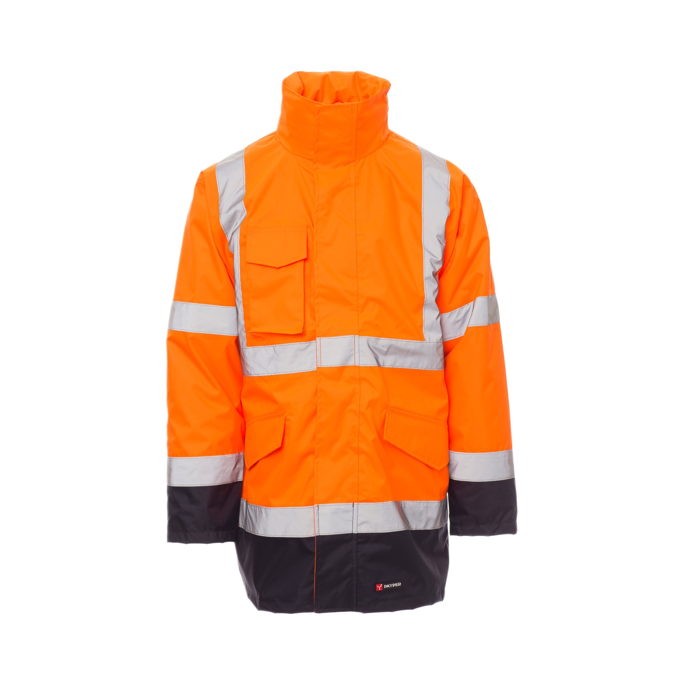 Warnschutzparka orange/navy vorn mit vielen Taschen und Reflexstreifen, ideal für Outdoor-Jobs