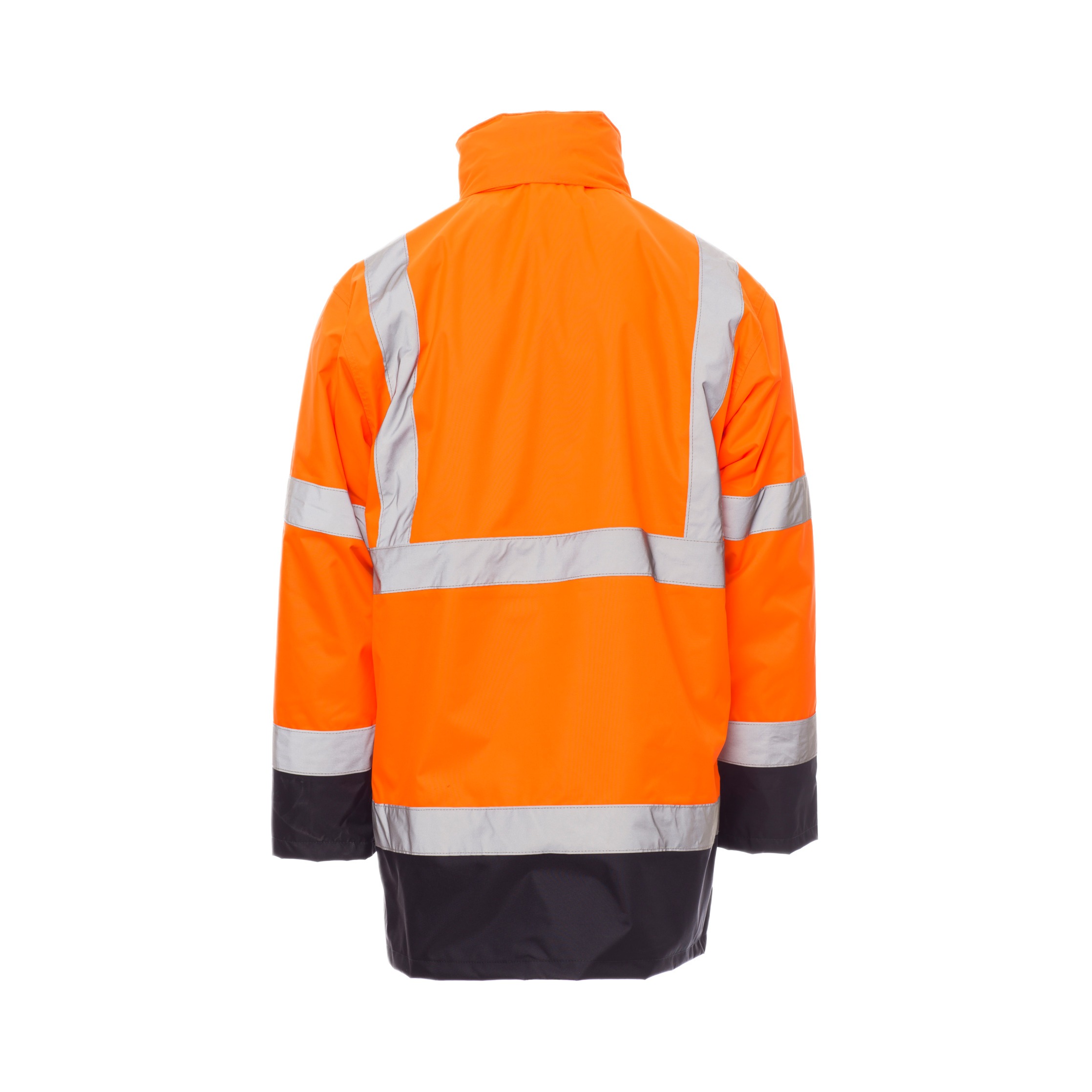 Rückseite orange Warnschutzparka mit breiten Reflexstreifen – robuste Jacke für Arbeit & Baustelle