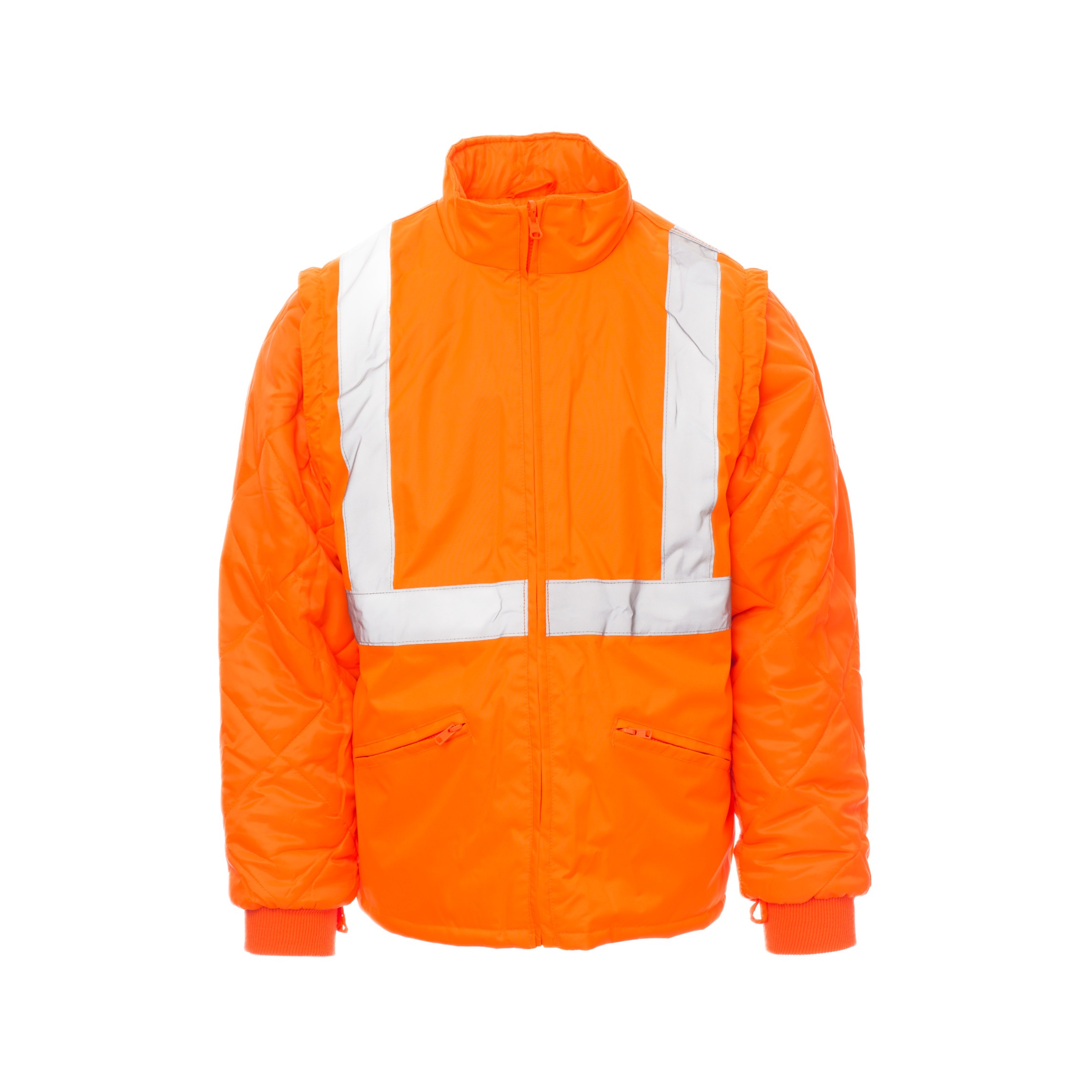 Orange Warnschutz-Steppjacke mit Reflektor-Gurtband, warm gefüttert – Frontansicht