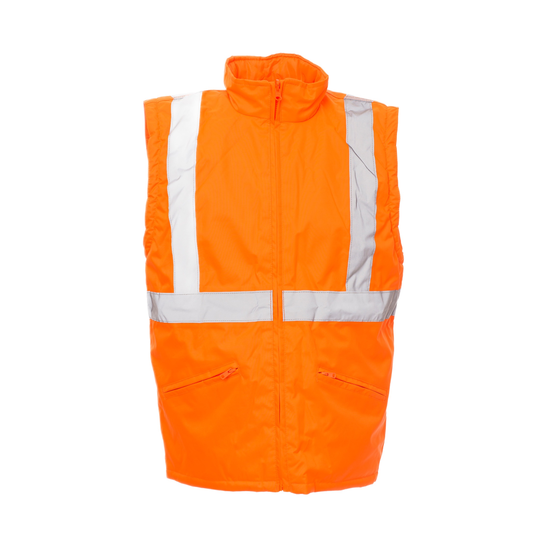 Orange Warnschutz-Winterweste, lang geschnitten, mit Reißverschluss und Reflexstreifen (Front)